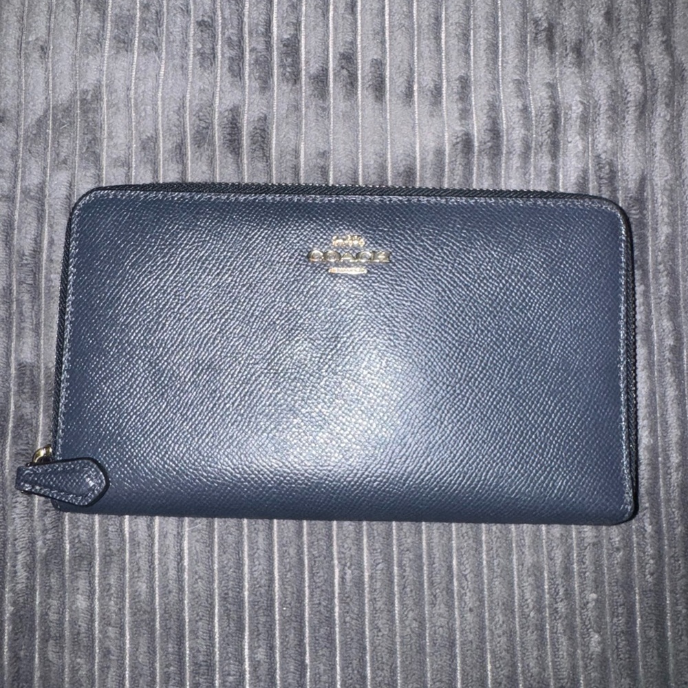 Coach Navy Textured Leather Zip Wallet with Gold Logo